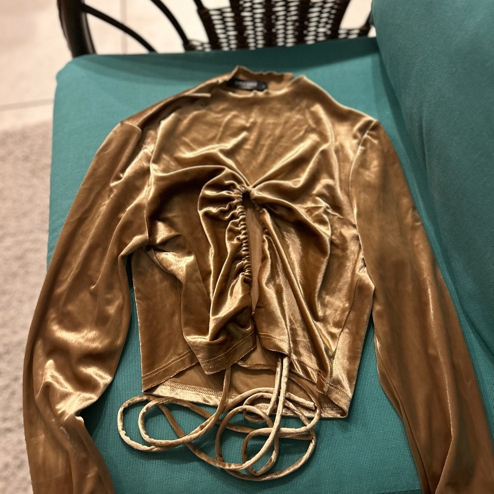 Gold Ruched Long Sleeve Blouse with Tie Front
